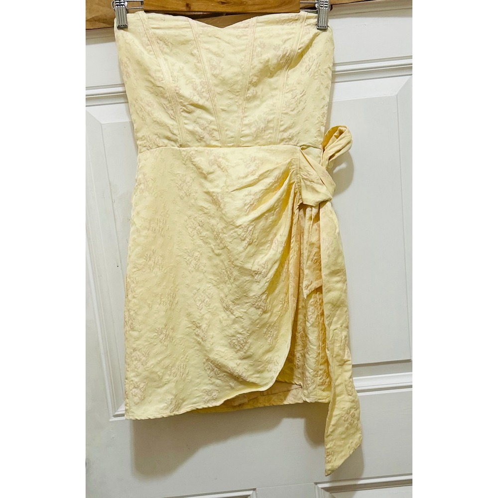Storia Ava Floral Strapless Corset Mini Dress Yellow Jacquard Lace Up Small NEW